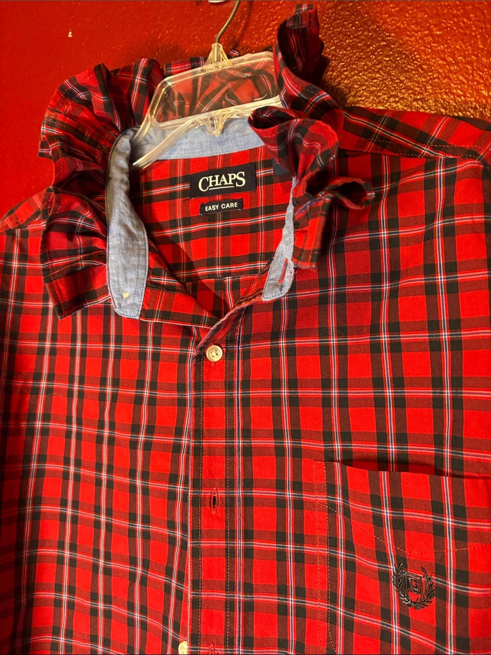Upcycled/Reloved Chaps Red/Black/Blue Plaid Ruffled Collar Shirt